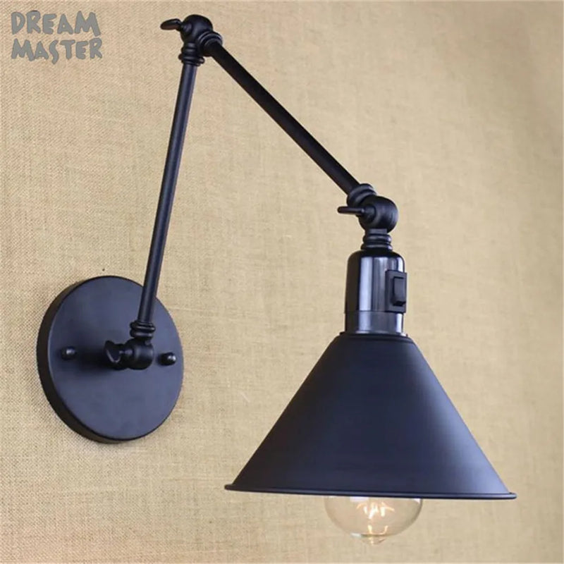 Axyaa Retro Swing Arm Industrial Wall Lamp Black On/Off Switch Sconce Iron