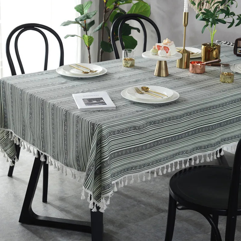 Axya Bohemian Stripe Print Tablecloth with Tassels for Home Kitchen Banquet Table