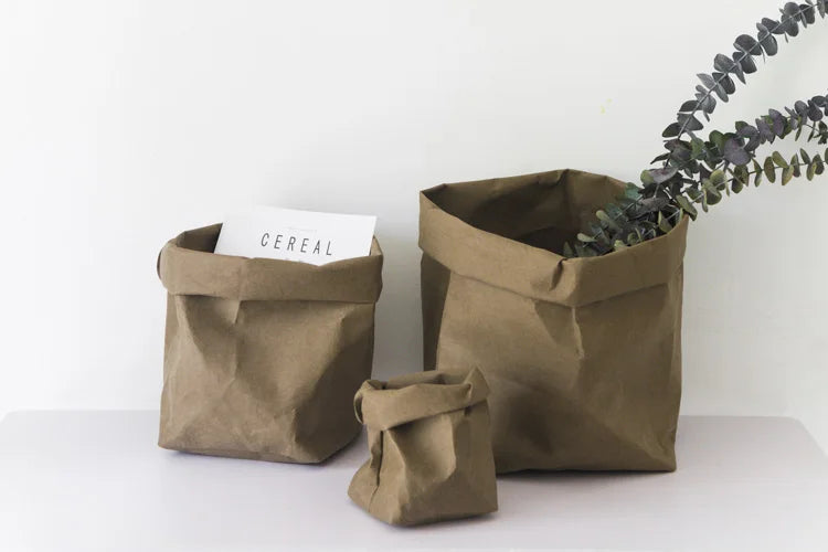 Axyaa Round Brown Paper Bag Storage Hamper - Versatile, Washable, Rustic.
