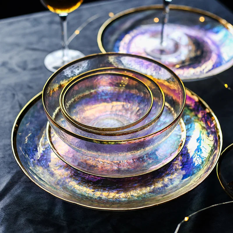 Axya Gold Hammer Grain Glass Bowl Dish Salad Fruit Plate - Dazzle Color Glass