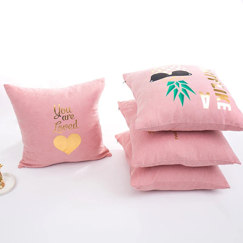 Axyaa Pink Pillow Cover with Soft Gold Foil Heart-Pineapple Design for Home Decor