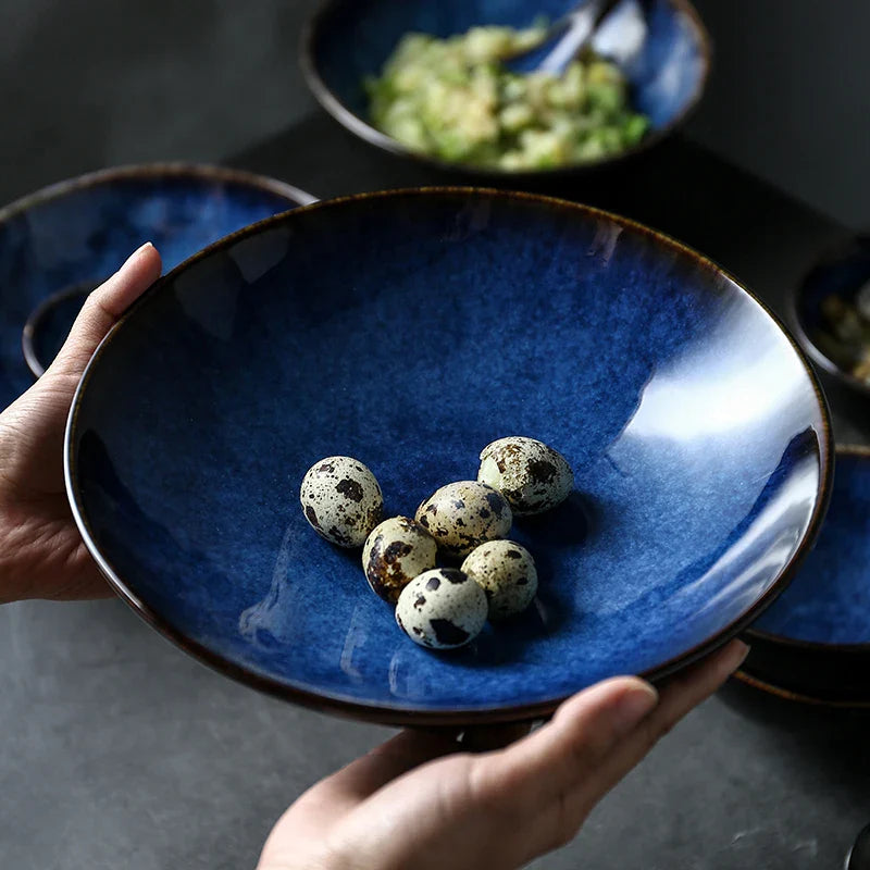 Axya Deep Blue Ceramic Dinner Set for 6: Plates, Bowls, Cups, Sauce Dishes