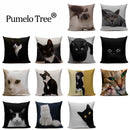Axyaa Cute Cat Hand-Painted Linen Pillow Cover Black White Yellow