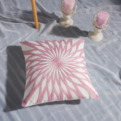 Pink Geometric Embroidered Cushion Cover by Axyaa - 45x45cm Cotton Pillow Case