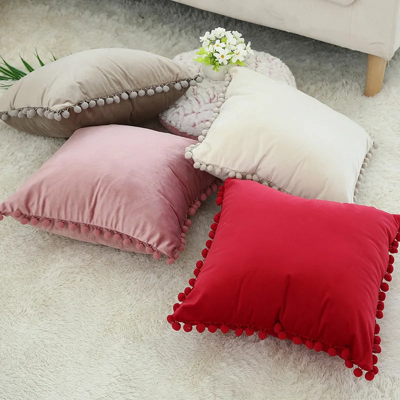 Axyaa Soft Velvet Pompom Ball Pillow Covers in Pink, Red, Blue, Ivory