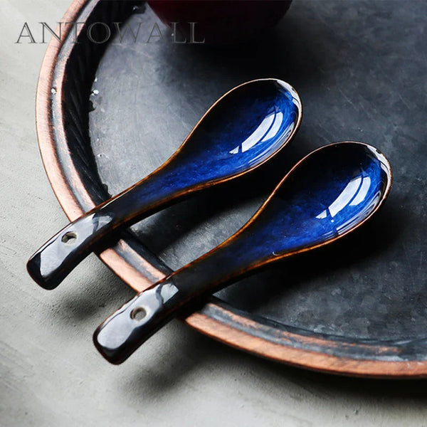 Axya Blue Ceramic Soup Spoon & Soy Sauce Dish Set