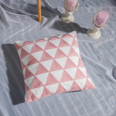 Pink Geometric Embroidered Cushion Cover by Axyaa - 45x45cm Cotton Pillow Case