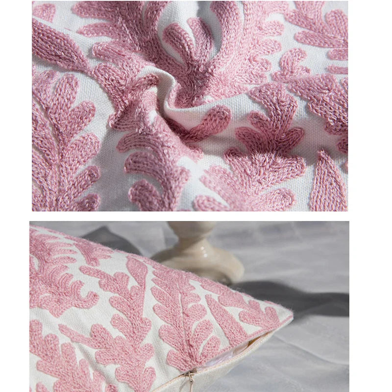 Pink Geometric Embroidered Cushion Cover by Axyaa - 45x45cm Cotton Pillow Case