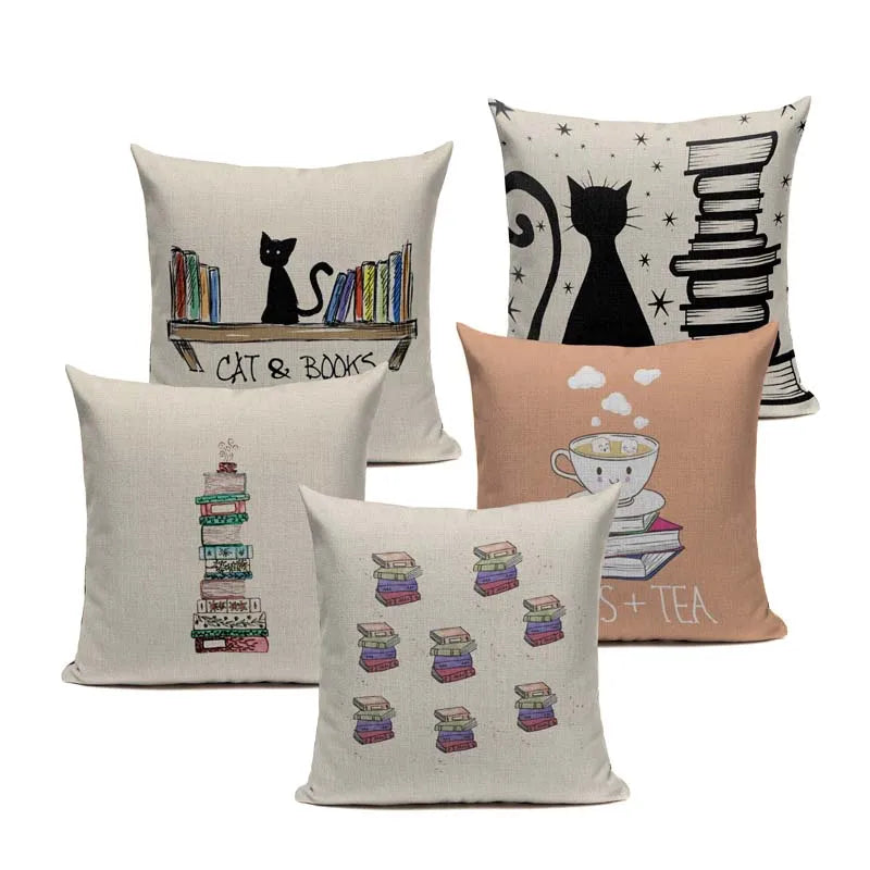 Axyaa Custom Linen Pillowcase for Home Sofa Decor - Cat Happy Reading Book Cover
