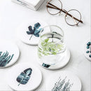 Axya Green Plant Ceramic Coaster Set with Non-Slip Wooden Mat