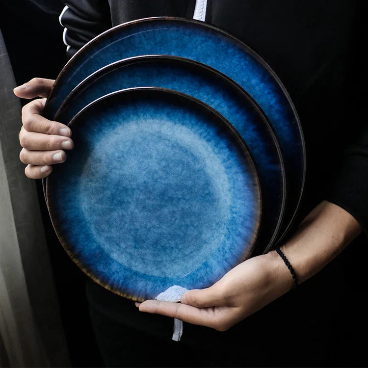 Axya Blue Klin Glazed Porcelain Dinnerware Set, 4-Piece Kinglang Flat Round Plates