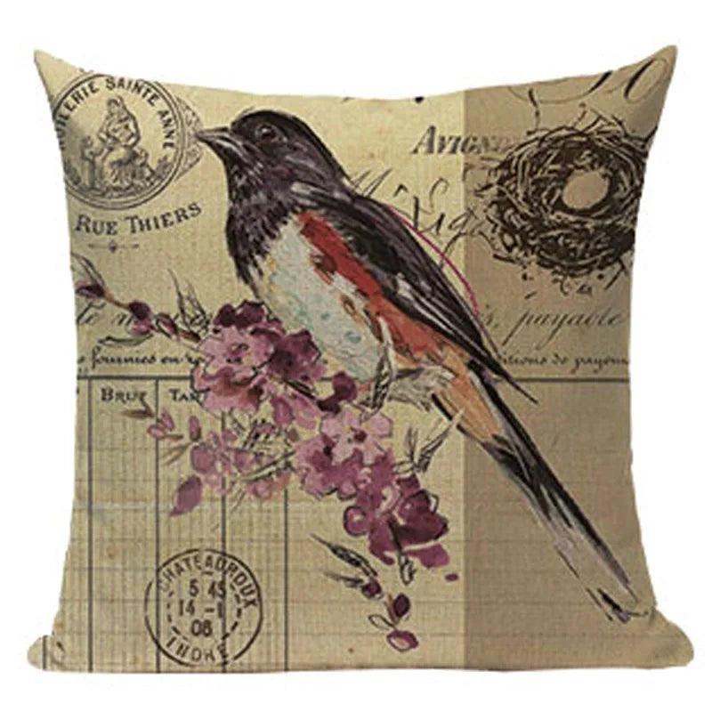 Axyaa Retro Bird Text Flower Cotton Linen Cushion Cover