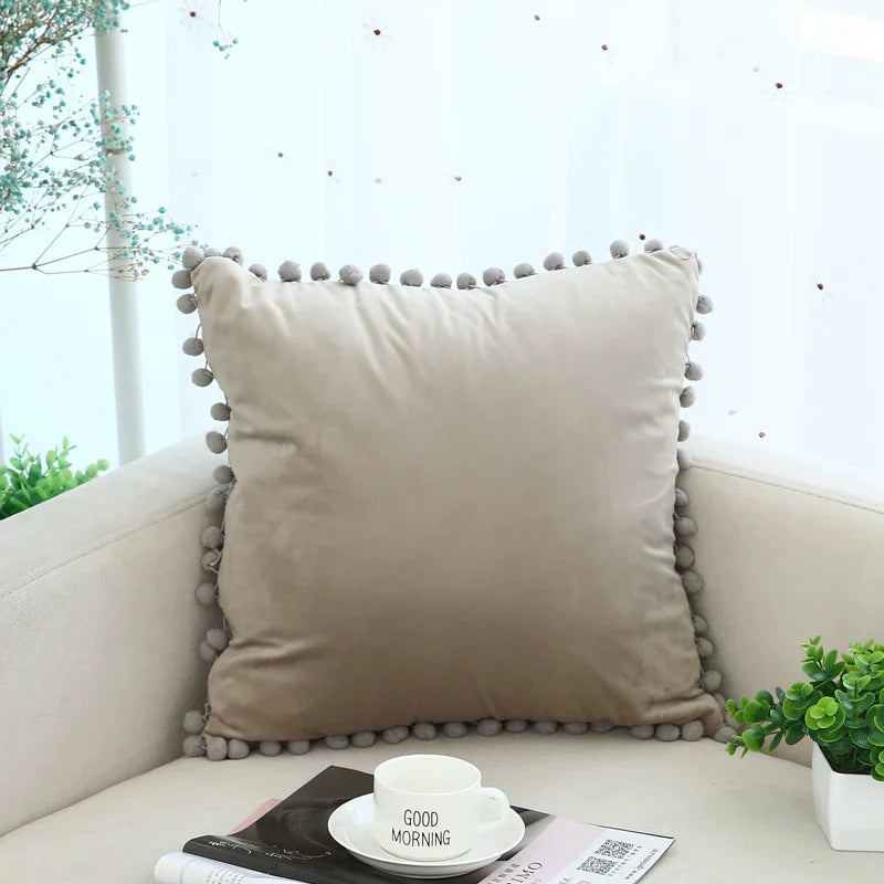 Axyaa Soft Velvet Pompom Ball Pillow Covers in Pink, Red, Blue, Ivory
