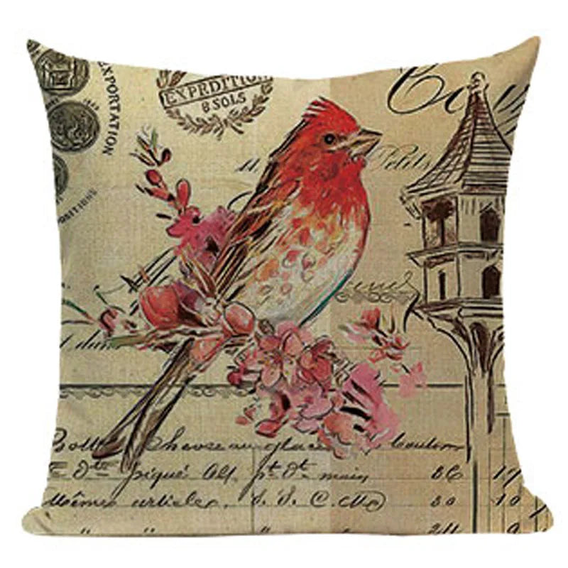 Axyaa Retro Bird Text Flower Cotton Linen Cushion Cover