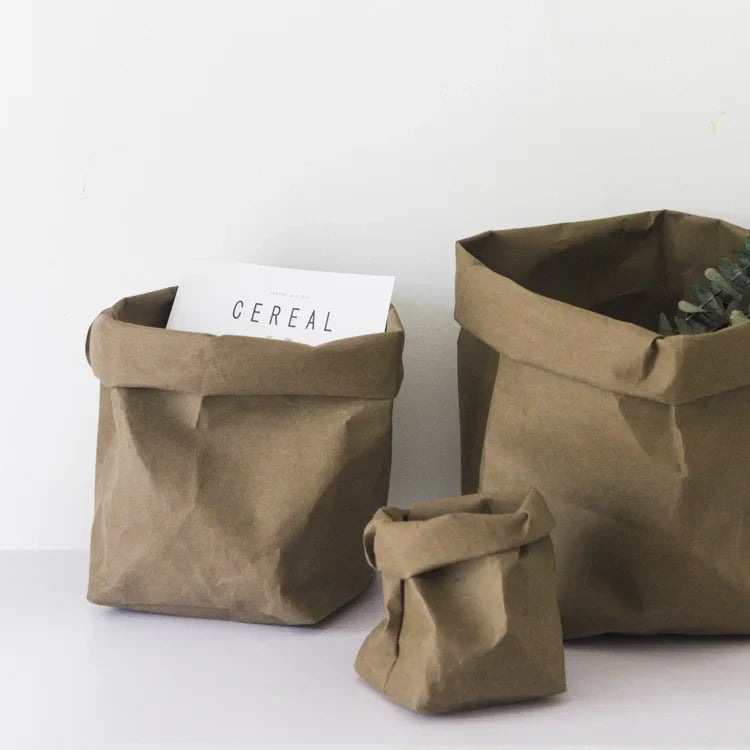 Axyaa Round Brown Paper Bag Storage Hamper - Versatile, Washable, Rustic.