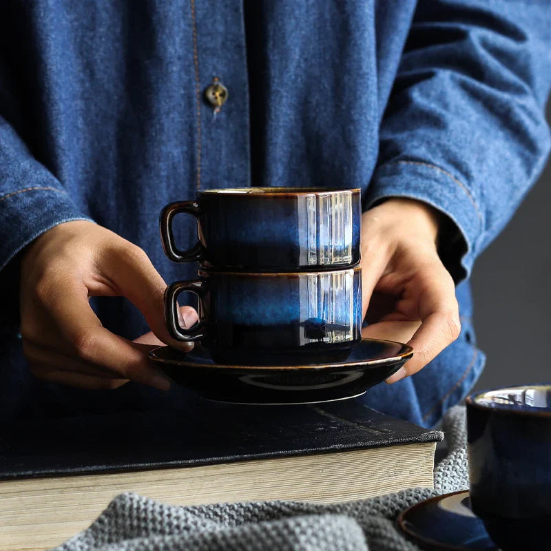 Axya™ Deep Blue Ceramic Coffee Cup Saucer Set- Antique Blue Espresso Cup, Breakfast Tea.