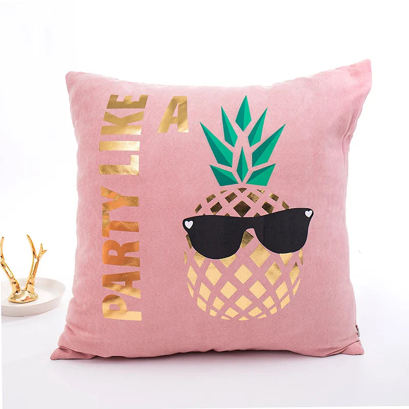 Axyaa Pink Pillow Cover with Soft Gold Foil Heart-Pineapple Design for Home Decor