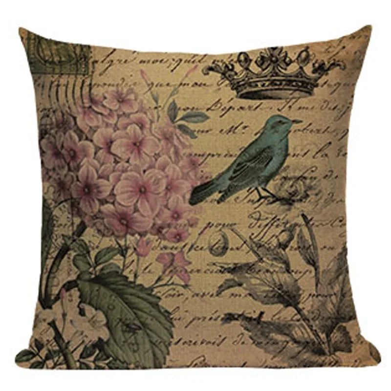 Axyaa Retro Bird Text Flower Cotton Linen Cushion Cover