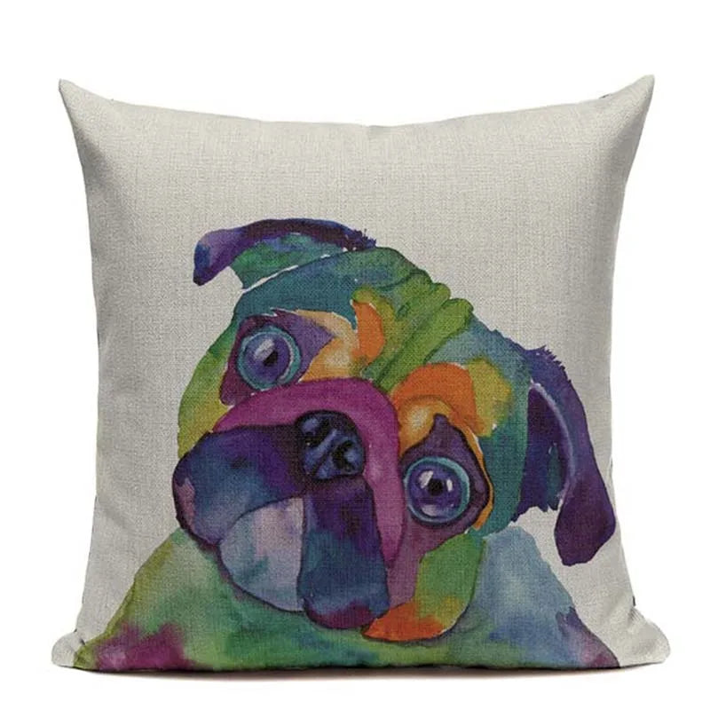 Animal Dog Cushion Cover French Bulldog Pug Pillowcase Woven Linen Decor Home Axyaa