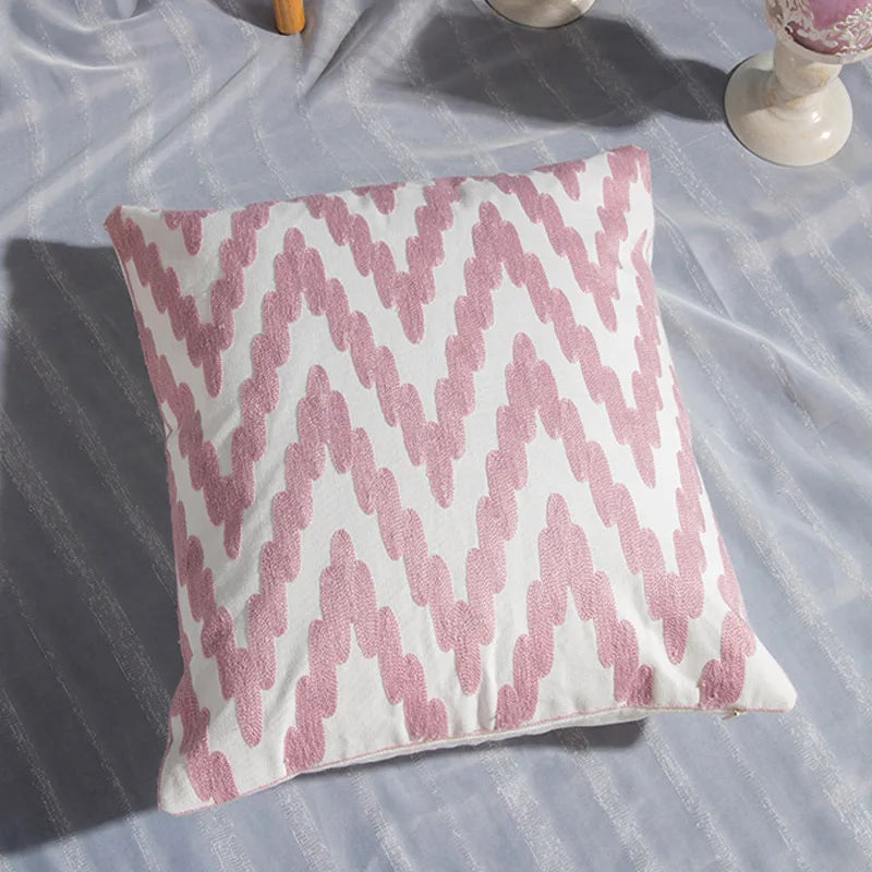 Pink Geometric Embroidered Cushion Cover by Axyaa - 45x45cm Cotton Pillow Case