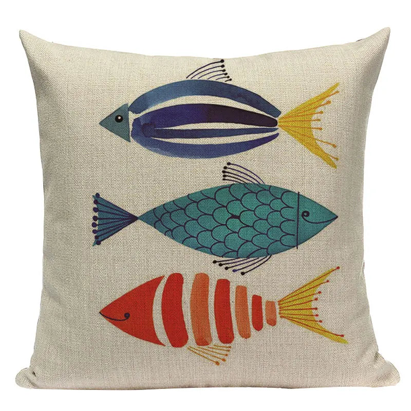 Colorful Fish Pattern Linen Cushion Cover by Axyaa