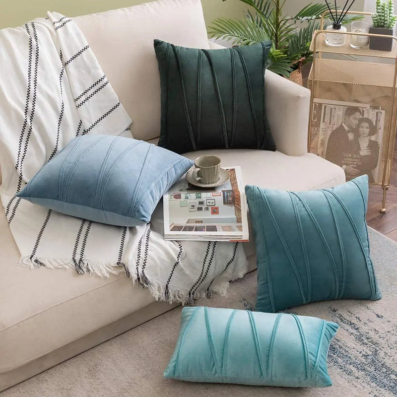 Blue Velvet Cushion Cover Set 18x18" - Axyaa Decorative Pillows for Living Room