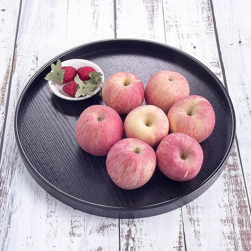Axya Round Red Black Wooden Pallet Tea Tray Western Dishes Multifunctional Storage Plate