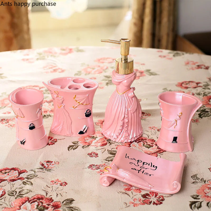 Axya Pink & White Resin Bathroom Wash Set - 5-Piece Essentials