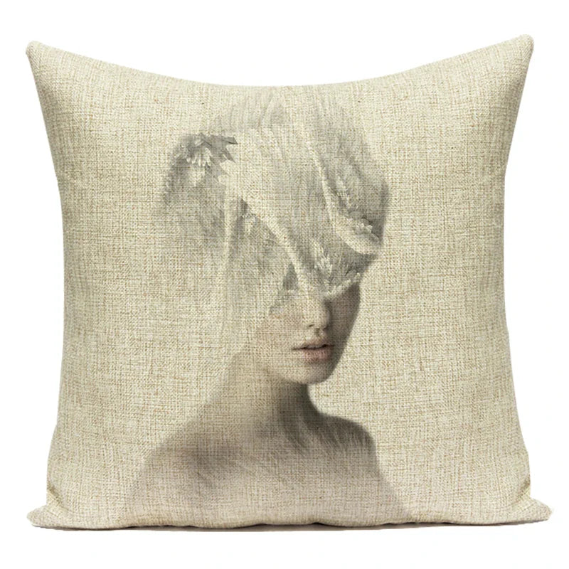 Axyaa Retro Art Woman Abstract Linen Cushion Cover Decorative Throw Pillow