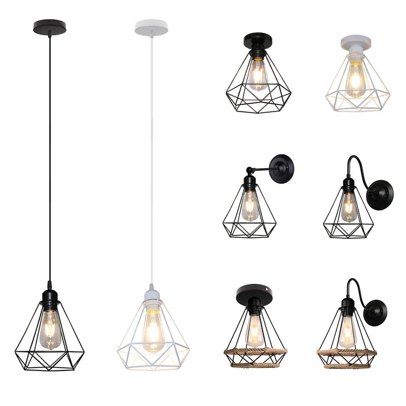 Axyaa Diamond Cage Pendant Light - Black & White Iron Ceiling Lamp for Dining Bedroom E27