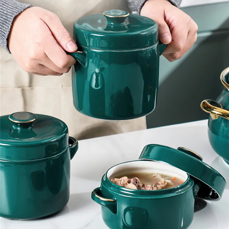 Axya 450/650ml Ceramic Stew Cup with Double-lid Handle, Green Phnom Penh Design