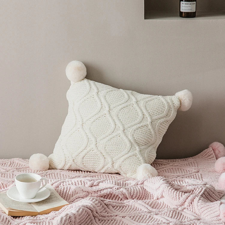 Axyaa Chenille Knit Cushion Cover 45x45cm With PomPom Ball - Pink/Grey/Cream - Home Decor Pillow Case