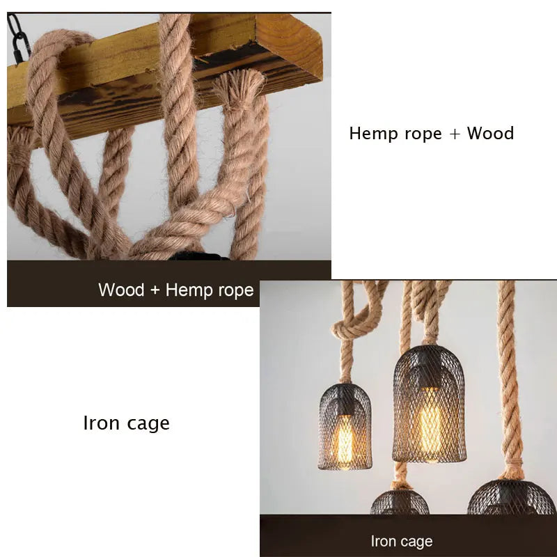 Axyaa Retro Industrial Chandelier Wood Pendant Lamp Iron Hemp Rope Hanging Lamp