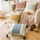 Axyaa Boho Blue Diamond Jacquard Cushion Cover with Tassels for Home Decor