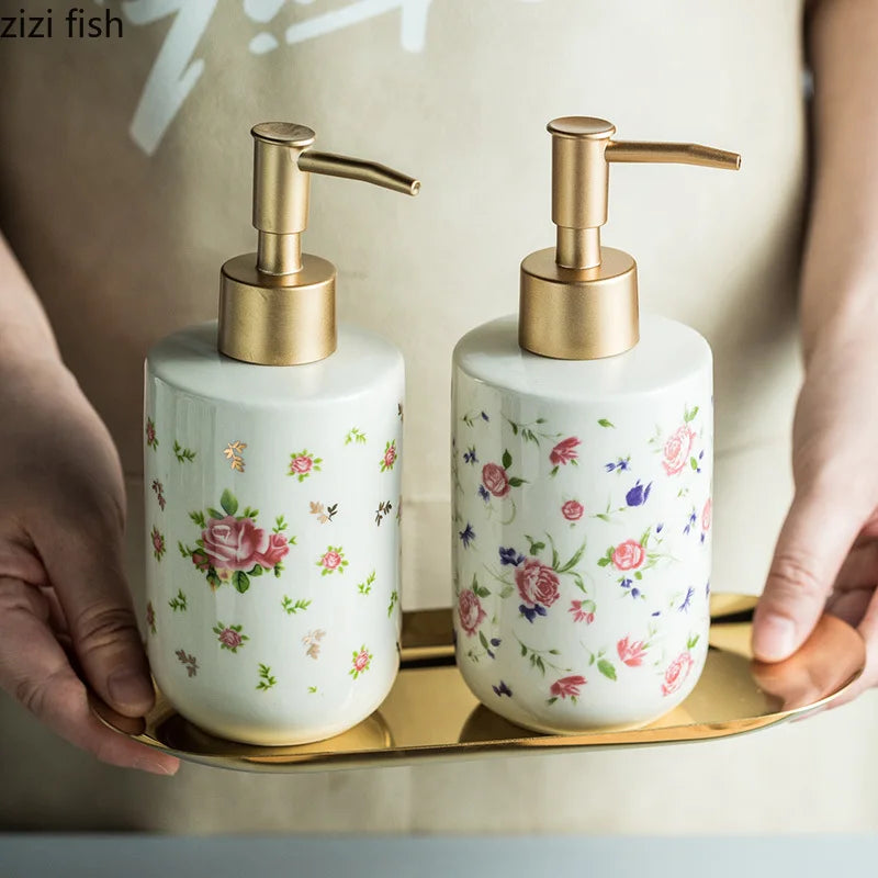 Axya Retro Rose Ceramic Soap Dispenser - Bathroom Shampoo Bottle