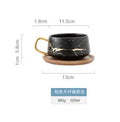 Axyaa 300ml Marble Ceramic Tea Coffee Cups with Wood Saucers, Black White Gold Inlay