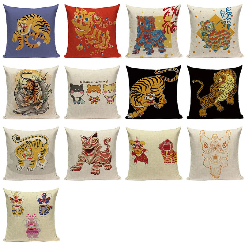 Axyaa Cartoon Tiger Lion Dance Pillow Case Cover for Bed Sofa Decoration