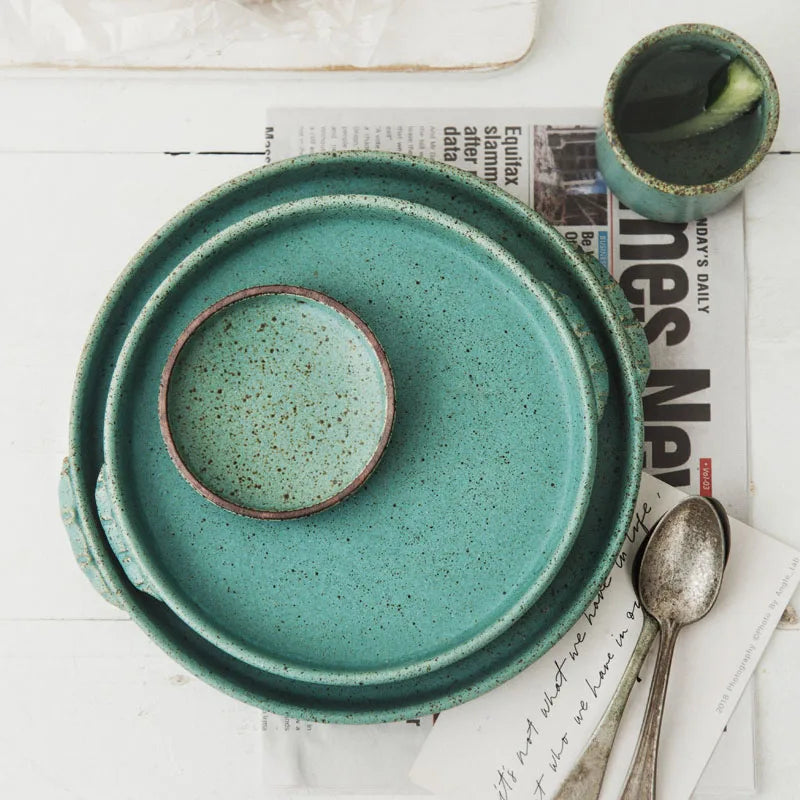 Axya™ Japanese Green Ceramic Plate Set for Home Restaurant, Retro Handmade Style