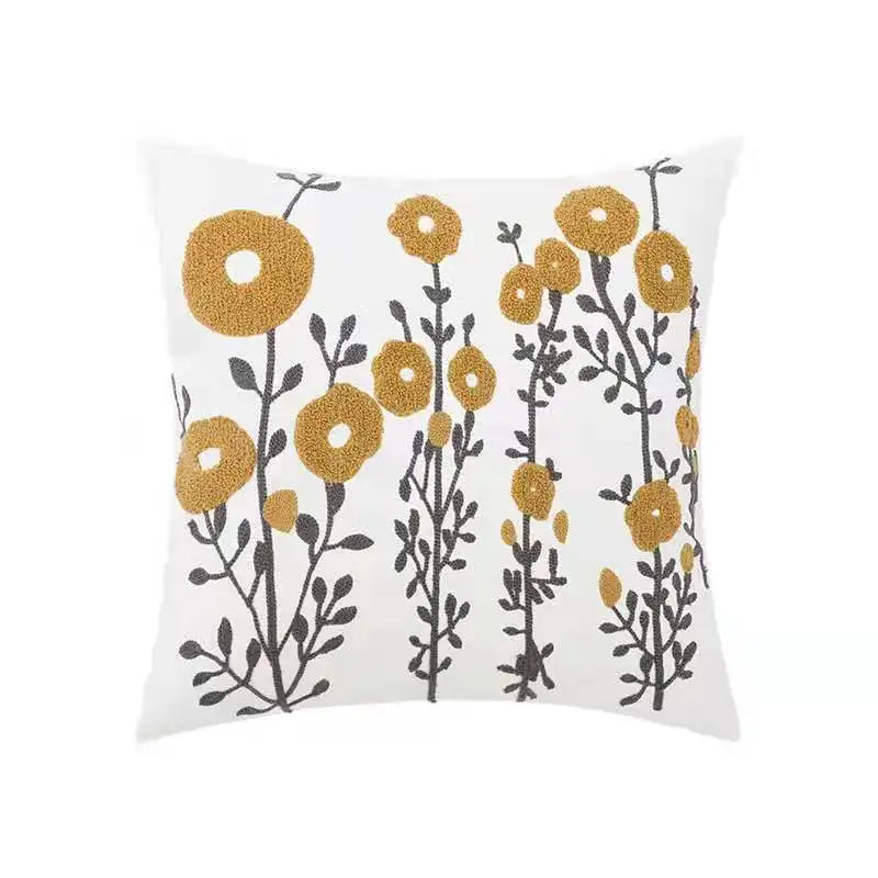 Daisy Floral Geometric Embroidery Pillow Cover 45x45cm Yellow Blue Soft Cozy