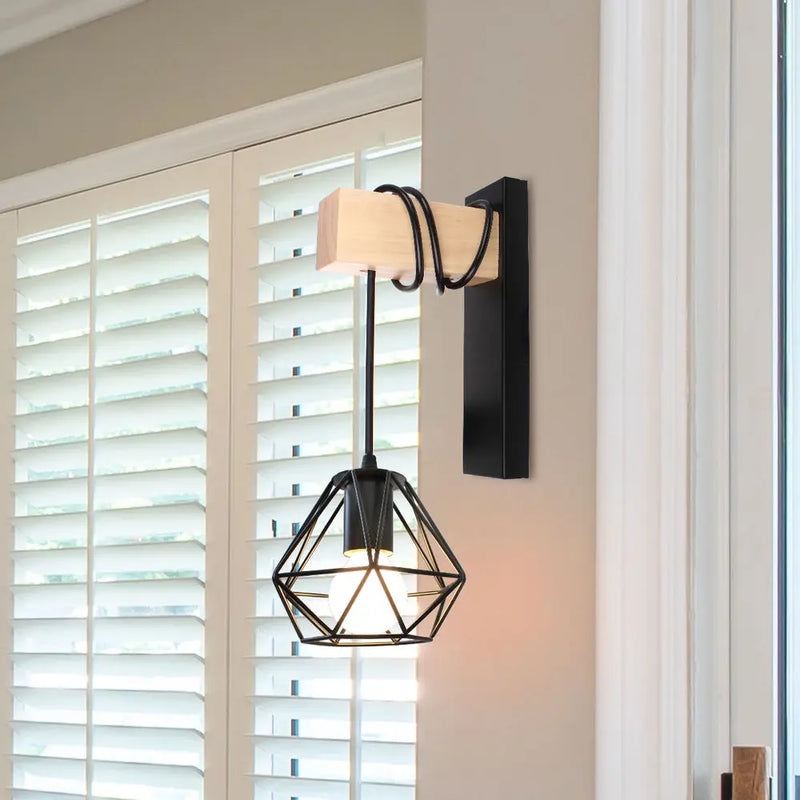 Axyaa Retro Industrial Iron Wood Wall Lamp E27 Sconce Fixture for Home Decor
