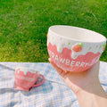 Axyaa Strawberry Milk Ceramic Bowls: Cute Large Salad & Breakfast Cup, Gift for Girls