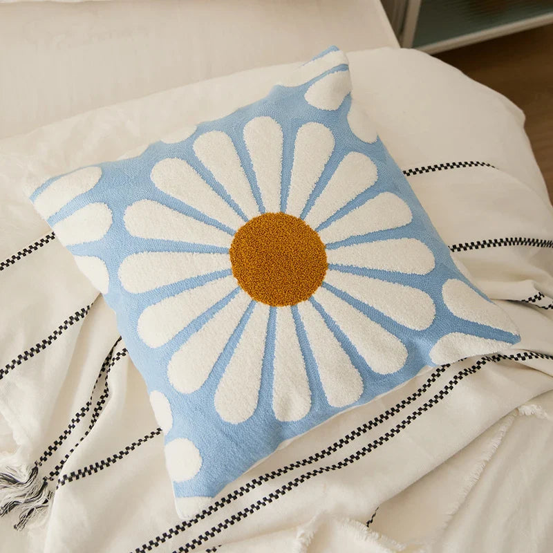 Chic Daisy Dandelion Embroidery Cushion Cover by Axyaa