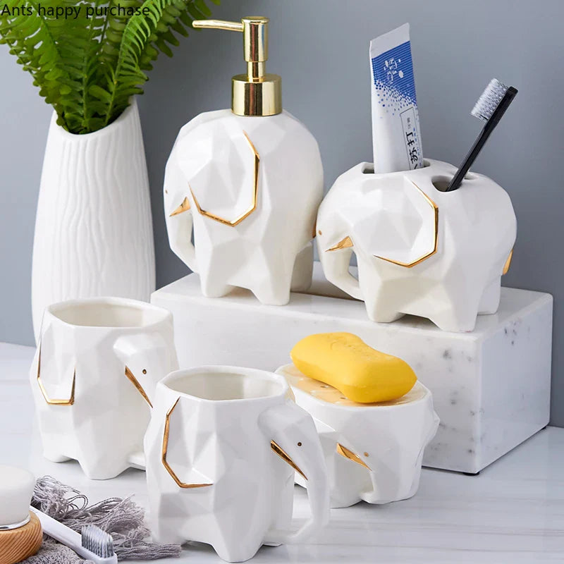 Axya Elephant Bathroom Set: Cup, Toothbrush Holder, Lotion Bottle, Soap Dish