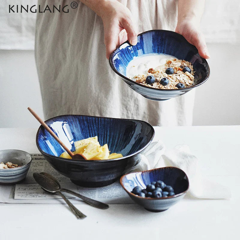 Axya Blue Ceramic Tableware Set: Flat Plate, Steak Dish, Breakfast Plate, Big Bowl