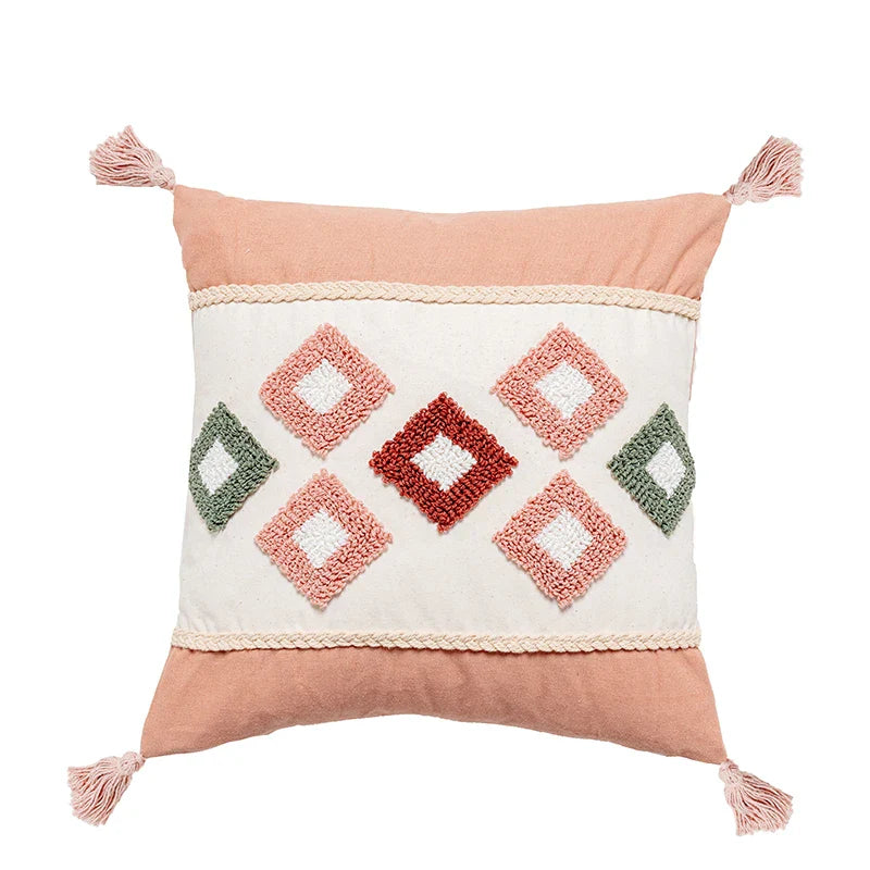 Axyaa Pink Rainbow Tufted Diamond Pillow Cover for Living Room Girls Room