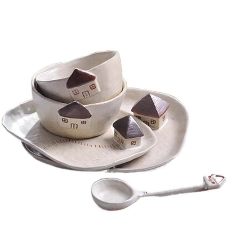 Axya Handmade Stoneware Greenhouse Ceramic Plate Bowl Spoon Set for Kitchen and Dining