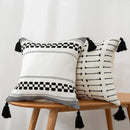 Axyaa Woven Tassel Cushion Cover - White & Black - 45x45 - Home Sofa Decor