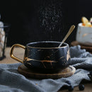 Axyaa 300ml Marble Ceramic Tea Coffee Cups with Wood Saucers, Black White Gold Inlay