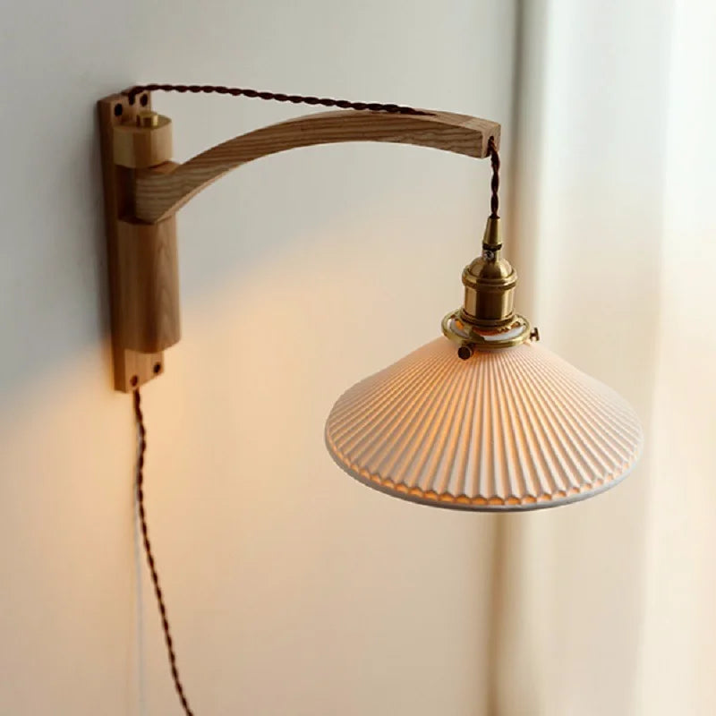 Axyaa Minimalist Walnut Wall Lamps with Retractable Arm & Pleat Lampshade
