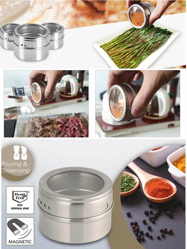 Axya Stainless Steel Spice Jar Set with Wall-Mounted Storage and Stickers
